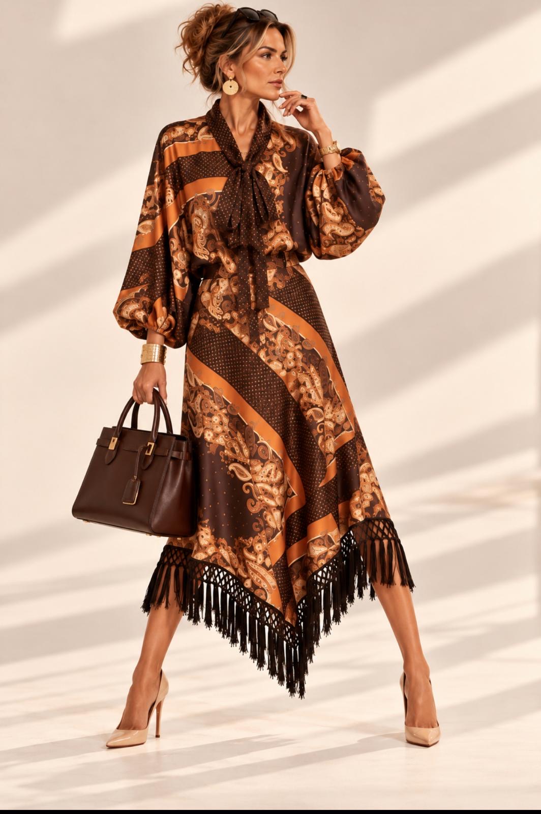 Ensemble Faubourg chocolat et orange à motifs cachemire, haut à lavallière et bas asymétrique à franges