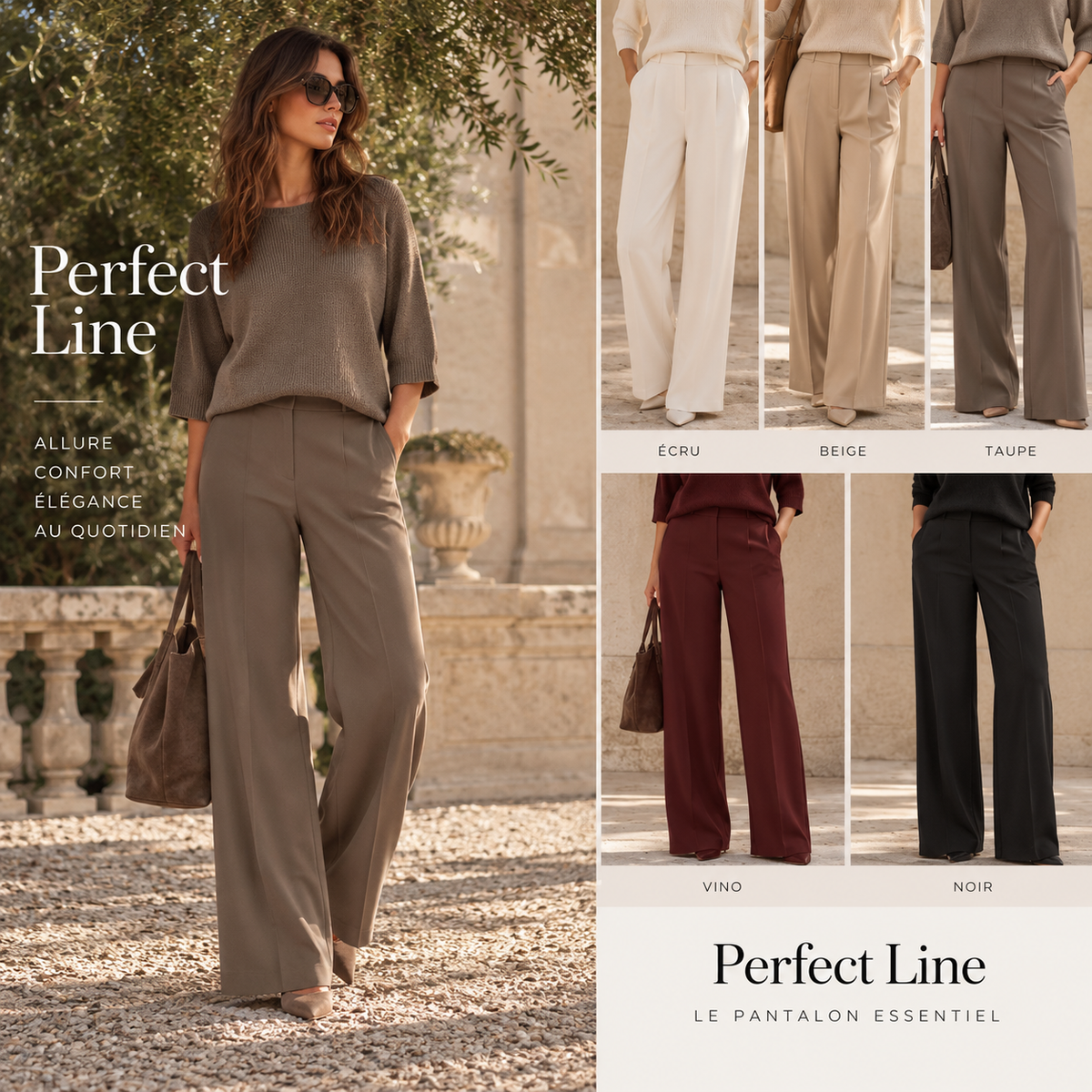 Planche des coloris du pantalon Perfect Line, coupe large à taille haute