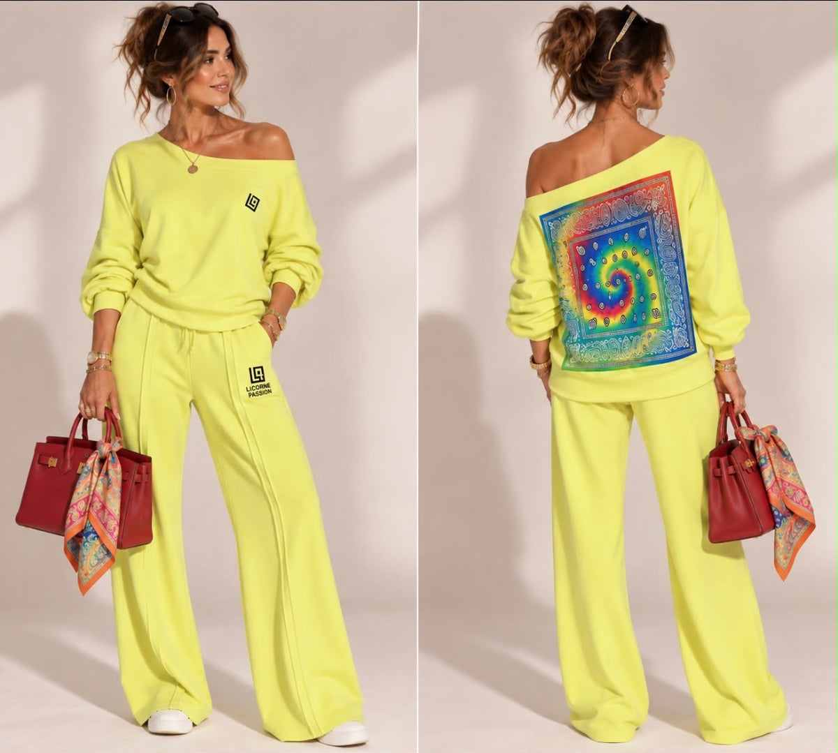 Ensemble Icon lemon porté de face et de dos, motif bandana multicolore sur le sweat