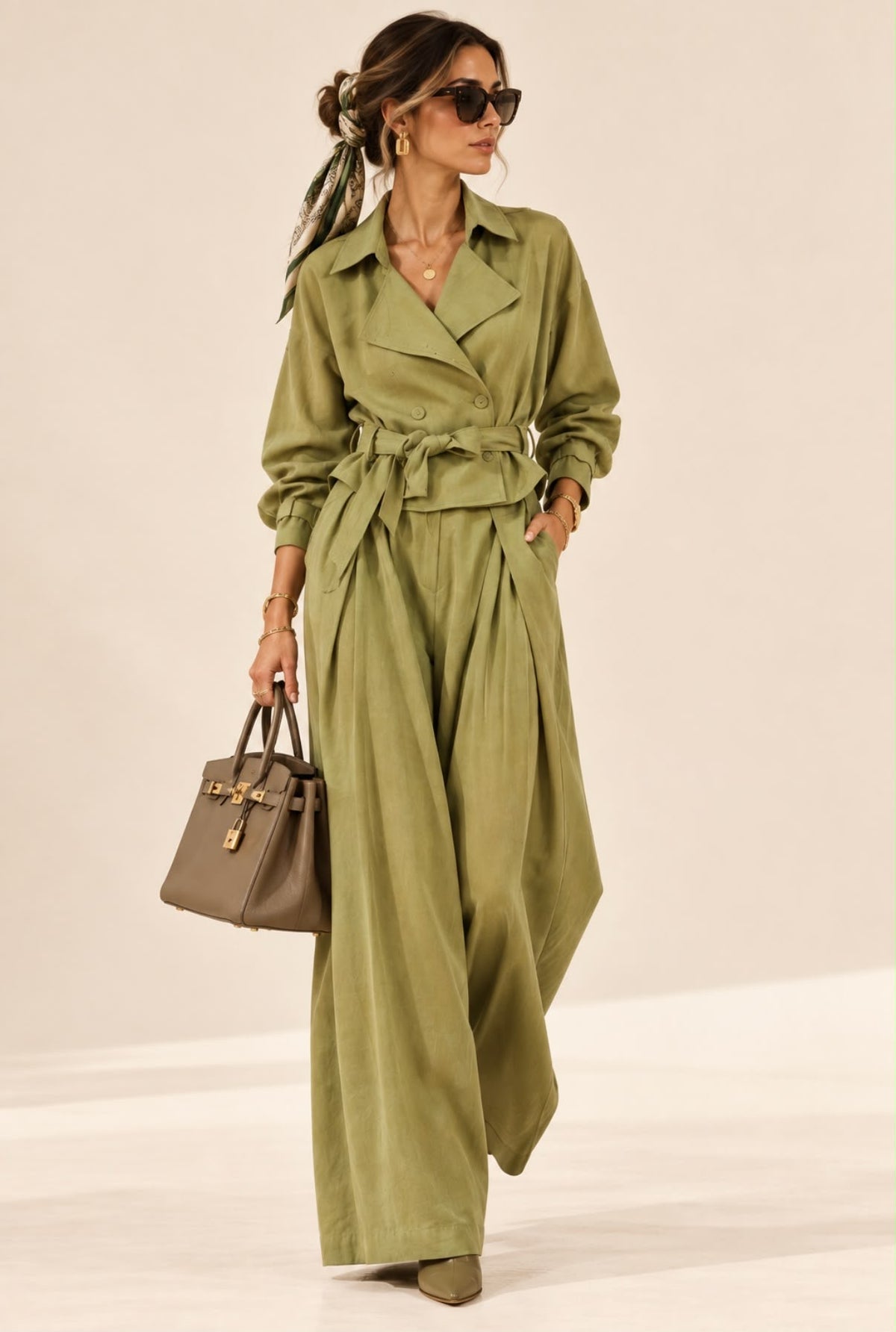 Ensemble Safari camel à veste courte croisée ceinturée et pantalon large, vue de face