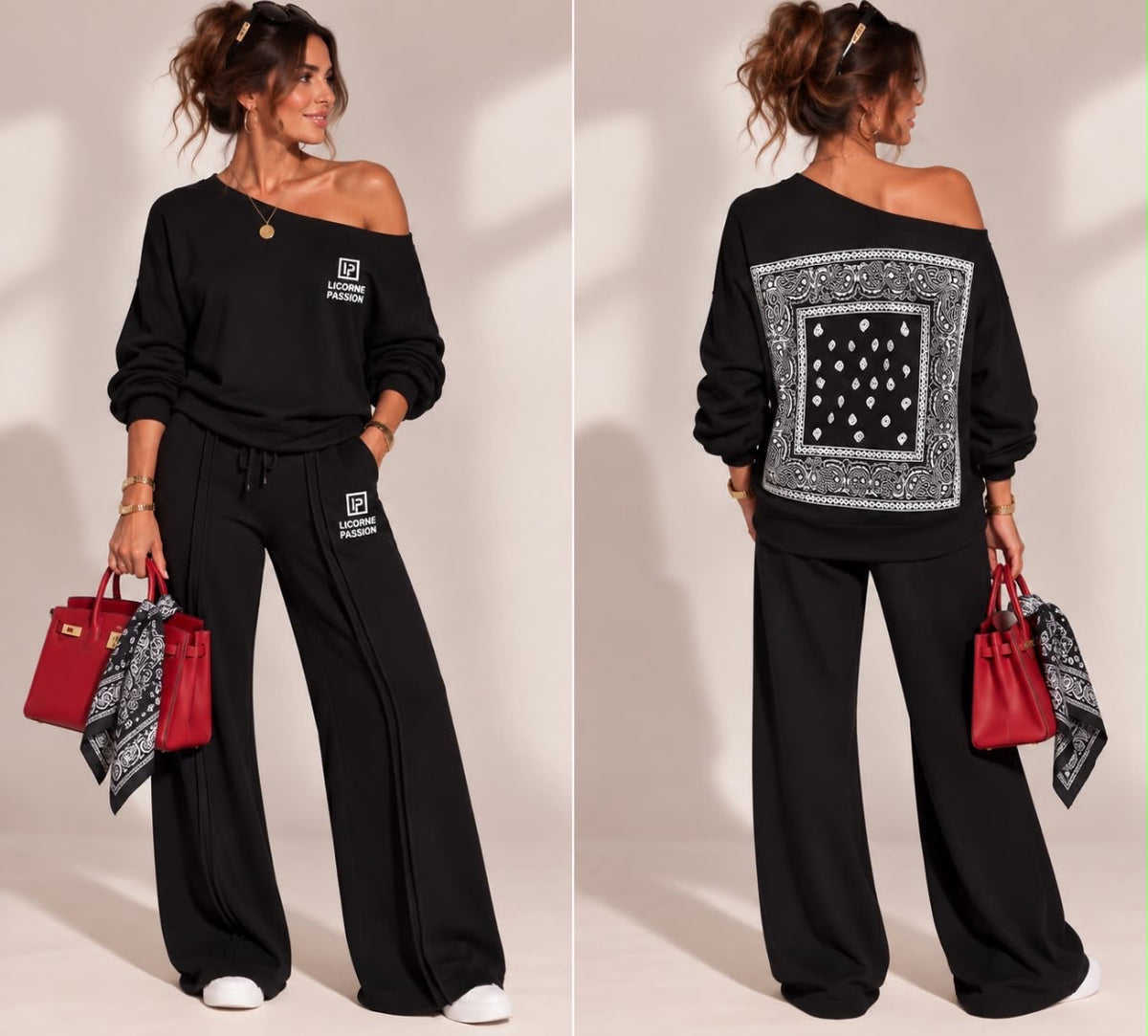 Ensemble Icon noir, sweat ample à logo devant et motif bandana blanc au dos, pantalon large assorti