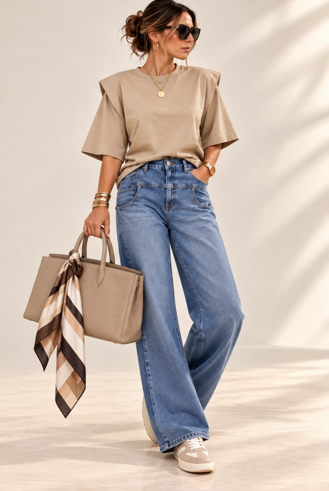 Top Elysée beige à col rond et épaules structurées, porté avec un jean large