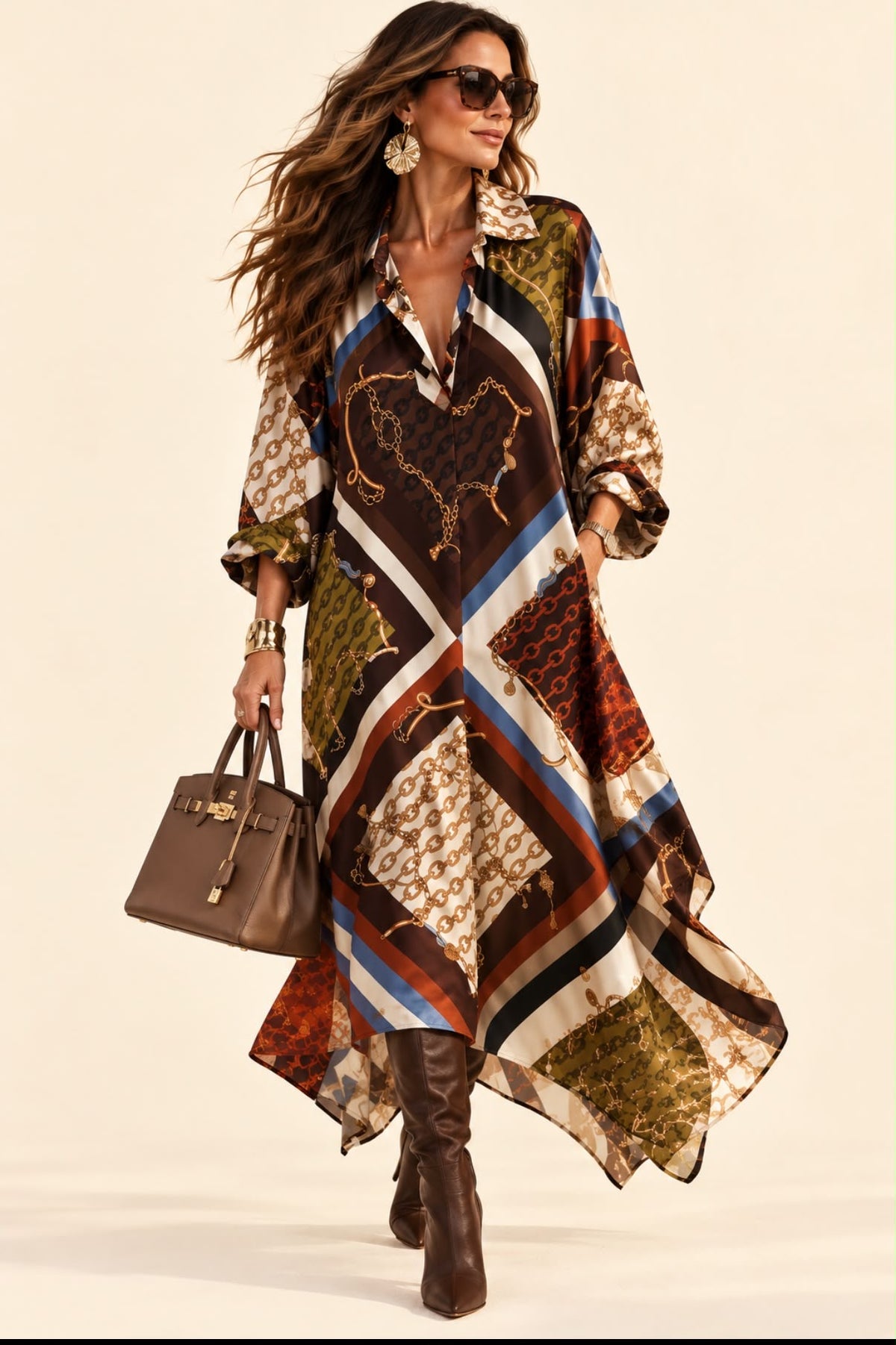 Robe Vendôme imprimée chocolat à motifs foulard, coupe ample, col chemisier et manches longues