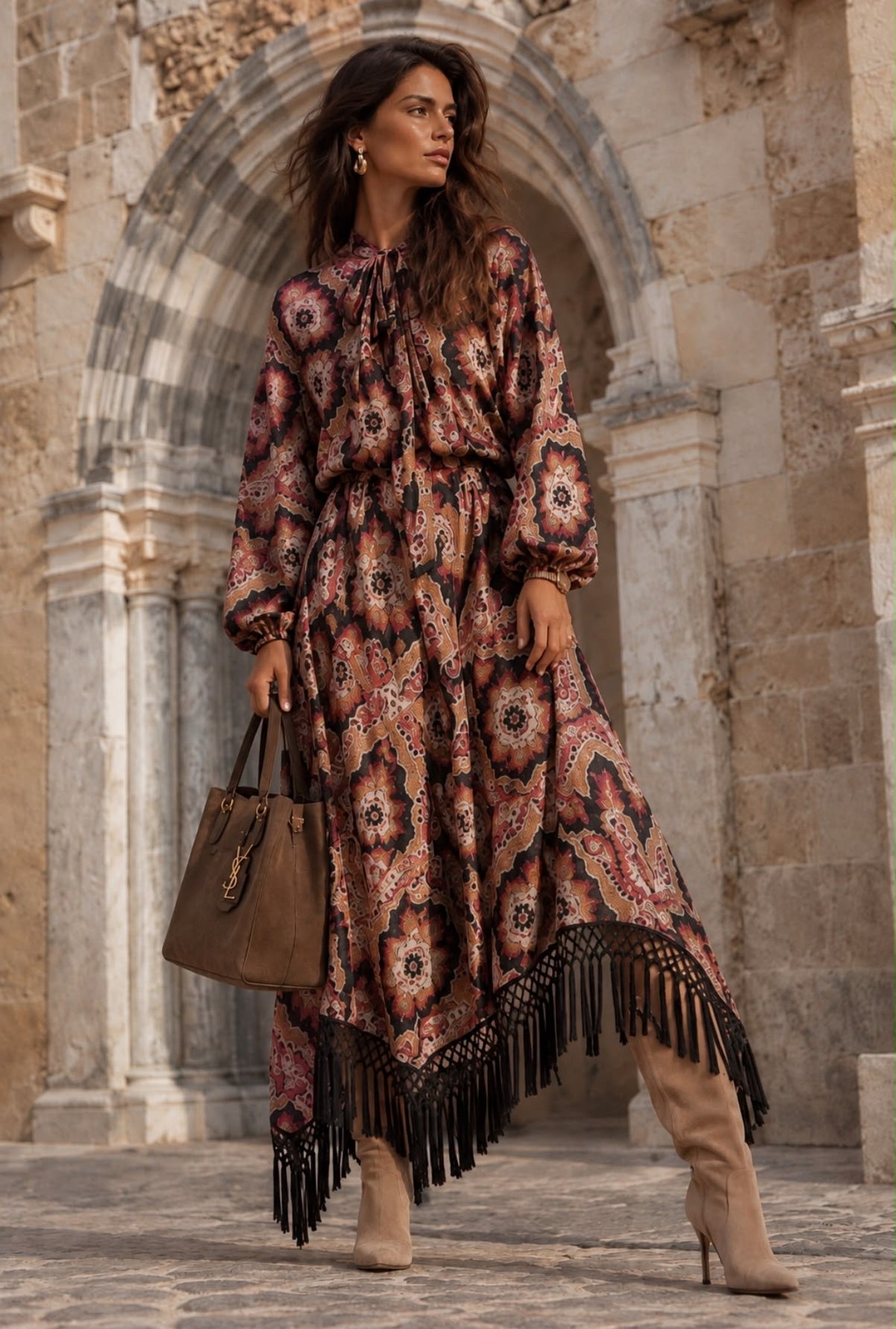 Ensemble Capri à motifs ornementaux bordeaux et brun, haut à lavallière et bas asymétrique à franges noires
