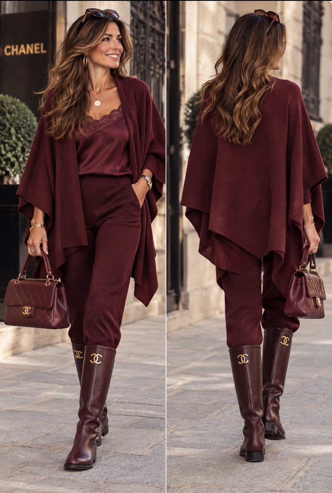 Cape Velvet bordeaux portée ouverte, vues de face et de dos, pans amples asymétriques