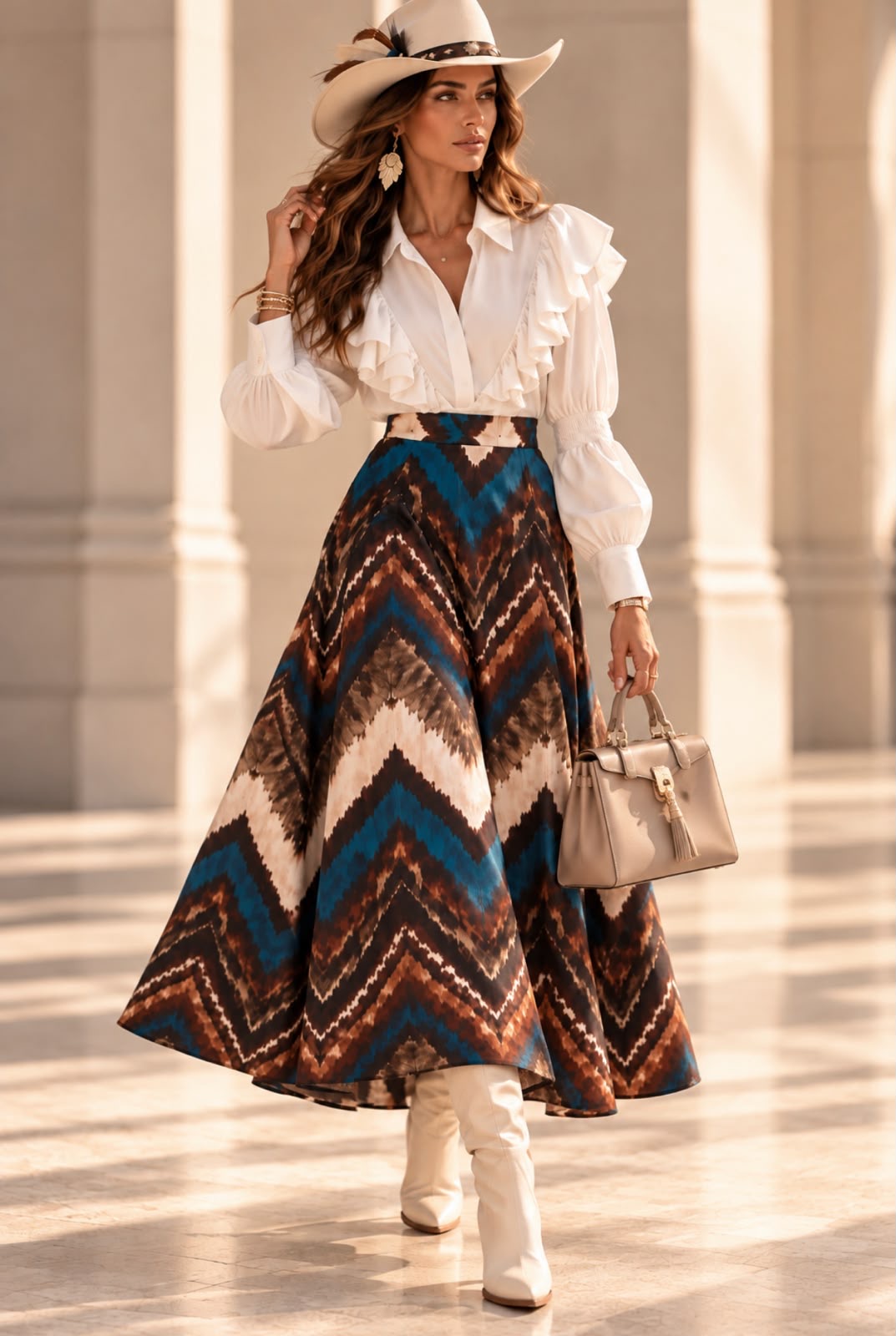 Jupe Sierra longue évasée à chevrons bleu pétrole, brun et écru, portée avec une blouse blanche