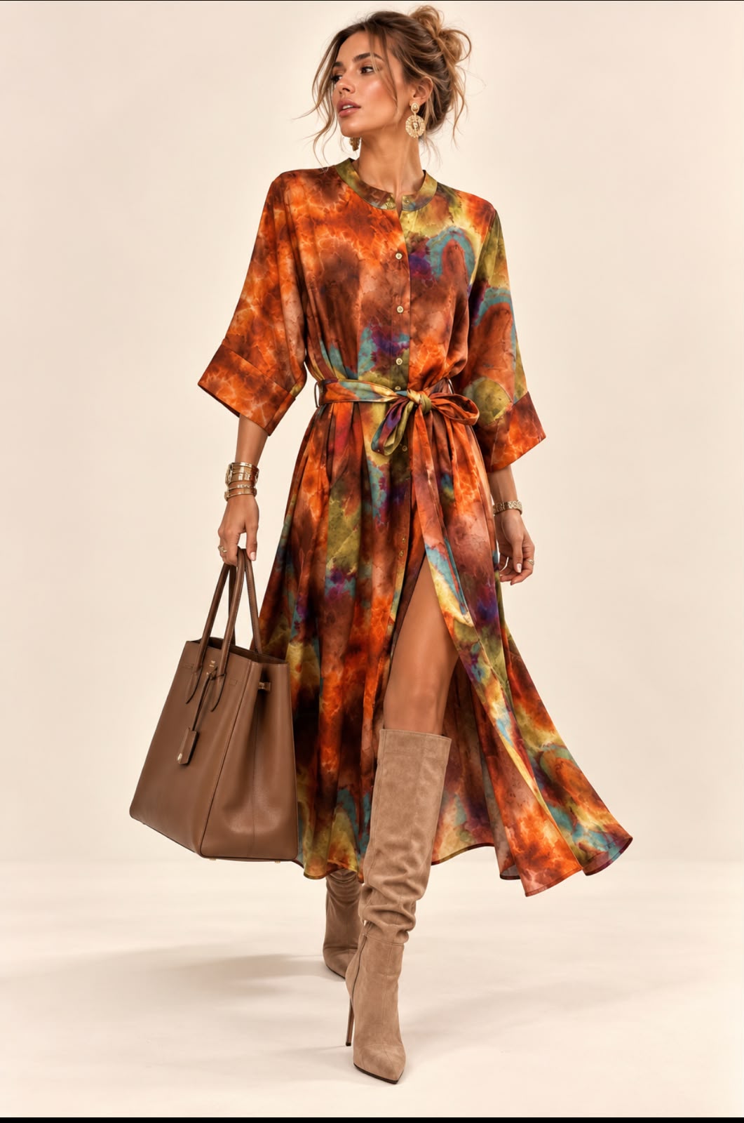 Robe Sienna longue multicolore orange kaki et turquoise, boutonnée, manches amples et taille nouée