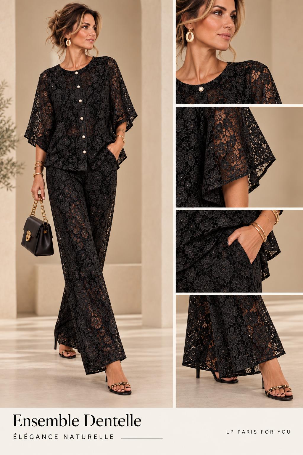 Planche de l'ensemble Midnight Lace noir à motif floral ajouré, vue de face et détails des manches et du pantalon