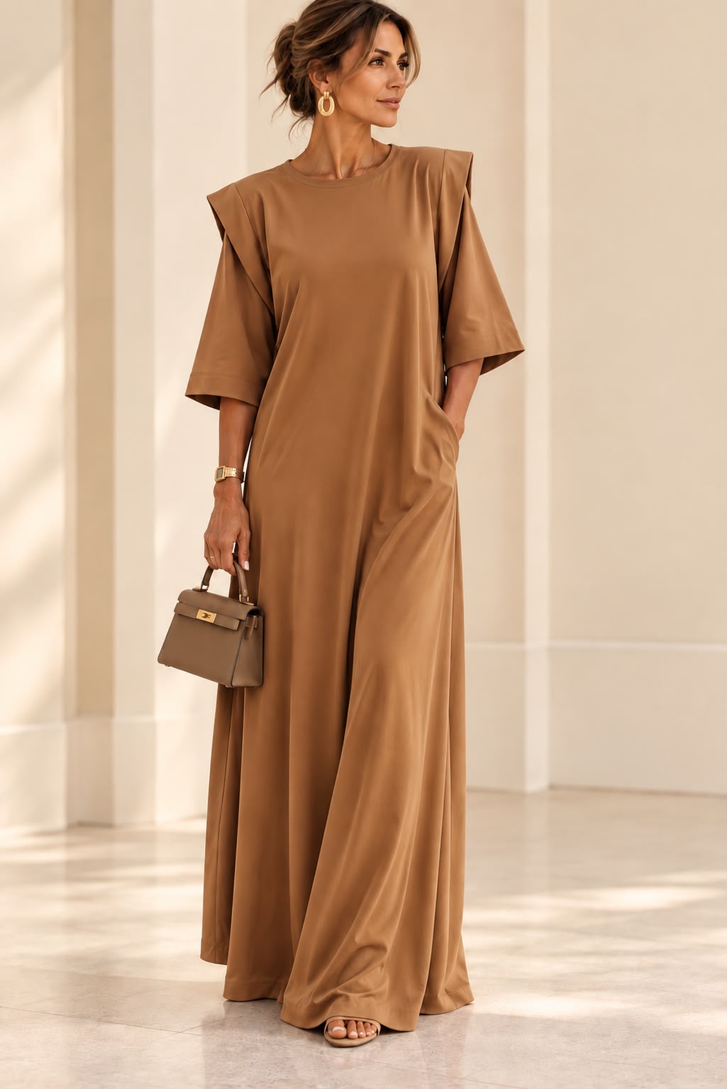 Robe Impériale camel longue à manches larges et épaules structurées