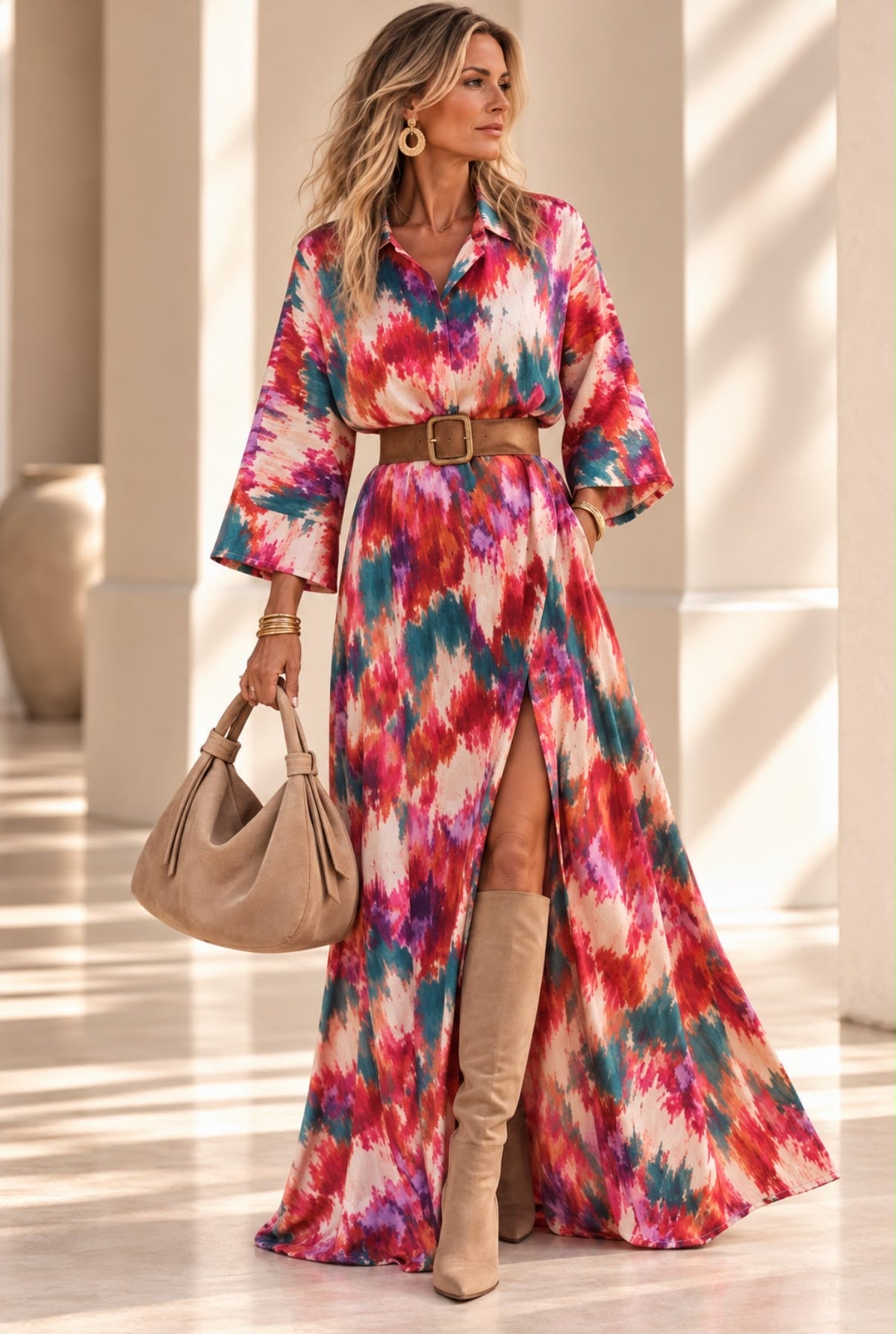 Robe Toscana longue à imprimé abstrait rose rouge et turquoise, col chemisier et jupe évasée, portée ceinturée