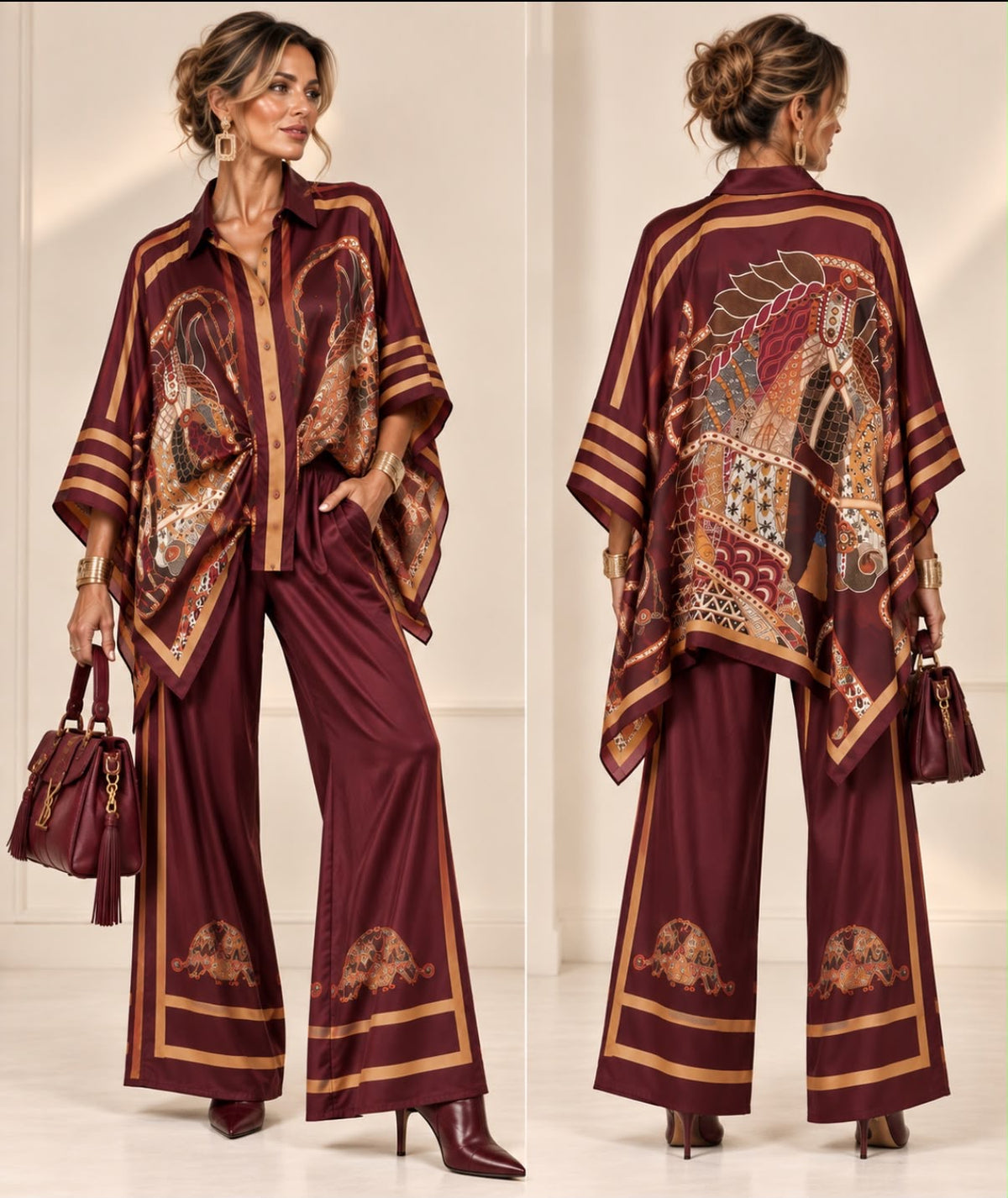 Ensemble Ascot Impérial bordeaux et camel à imprimé équestre, haut ample et pantalon large, face et dos