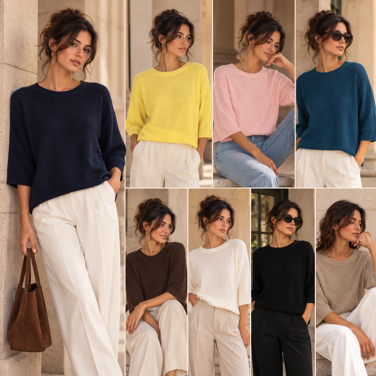 Planche des différents coloris du pull Aura en maille à col rond et manches au coude