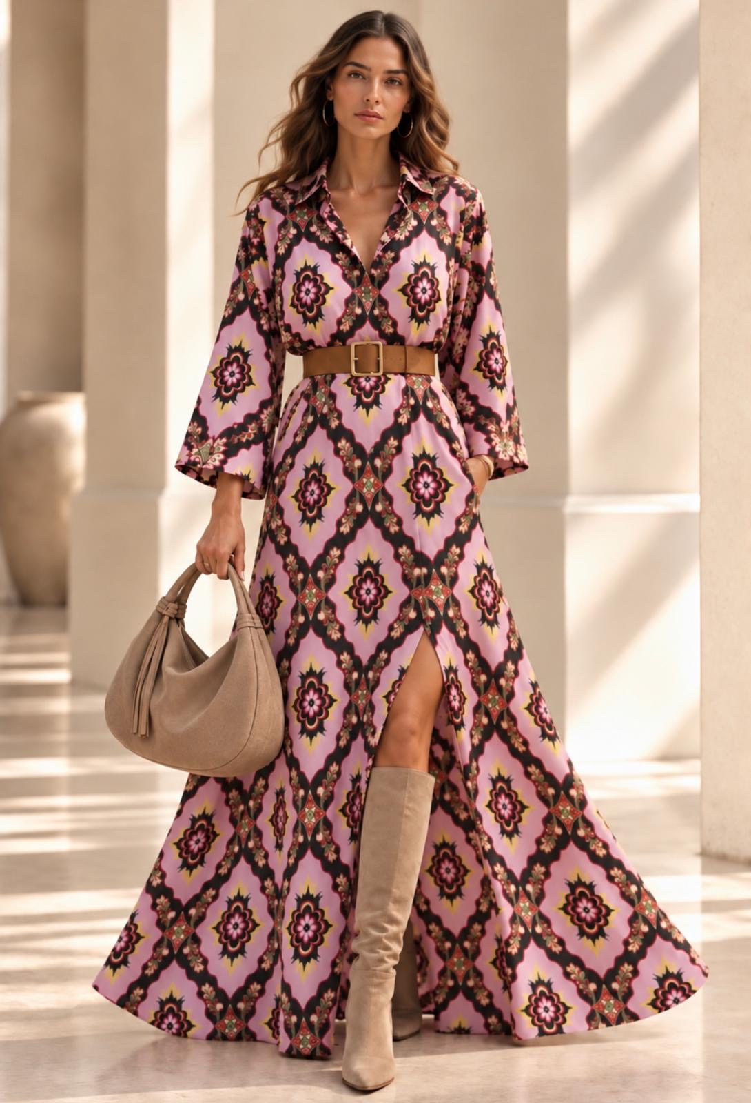 Robe Palazzo longue rose à motifs géométriques noirs, col chemisier et jupe évasée, portée ceinturée