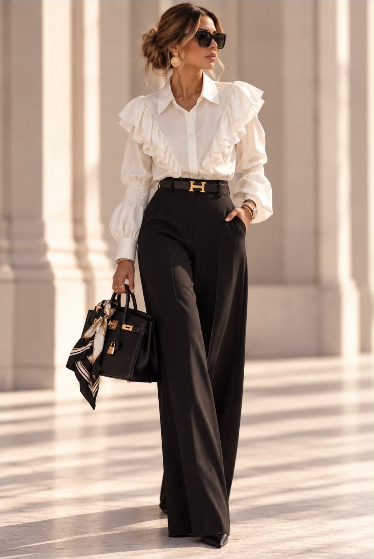 Pantalon Rive Gauche noir taille haute à jambes longues, porté avec une blouse blanche à volants