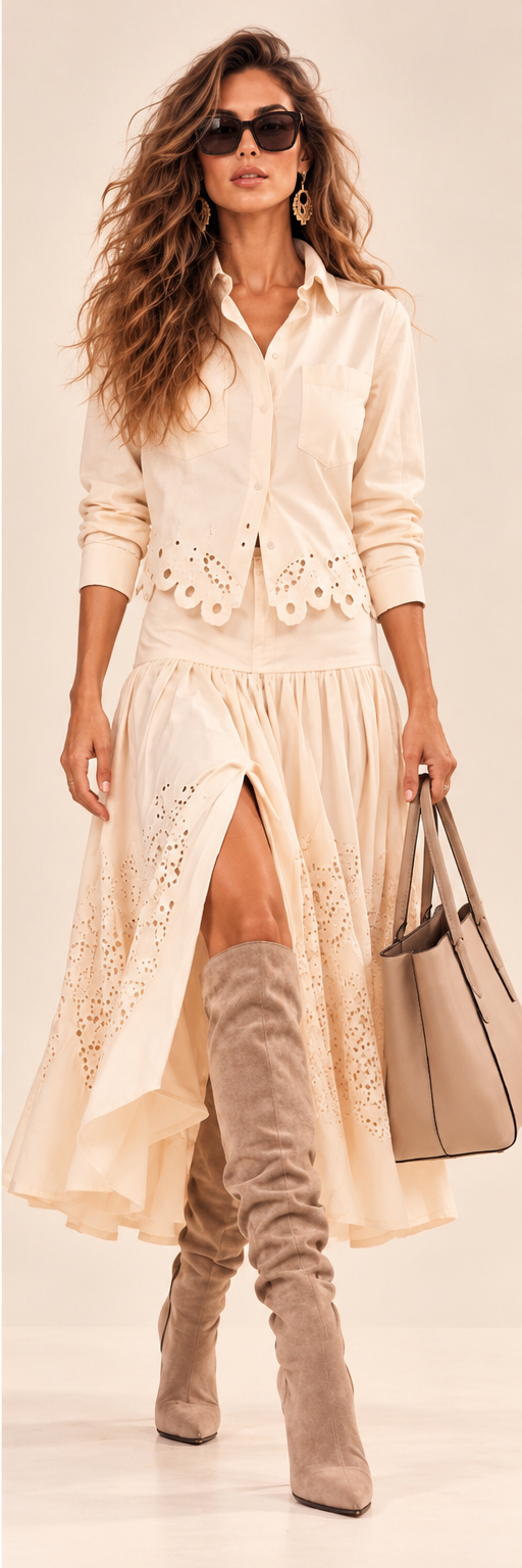 Ensemble Pearl Boheme beige clair, chemise à broderies ajourées et jupe ample à motifs découpés