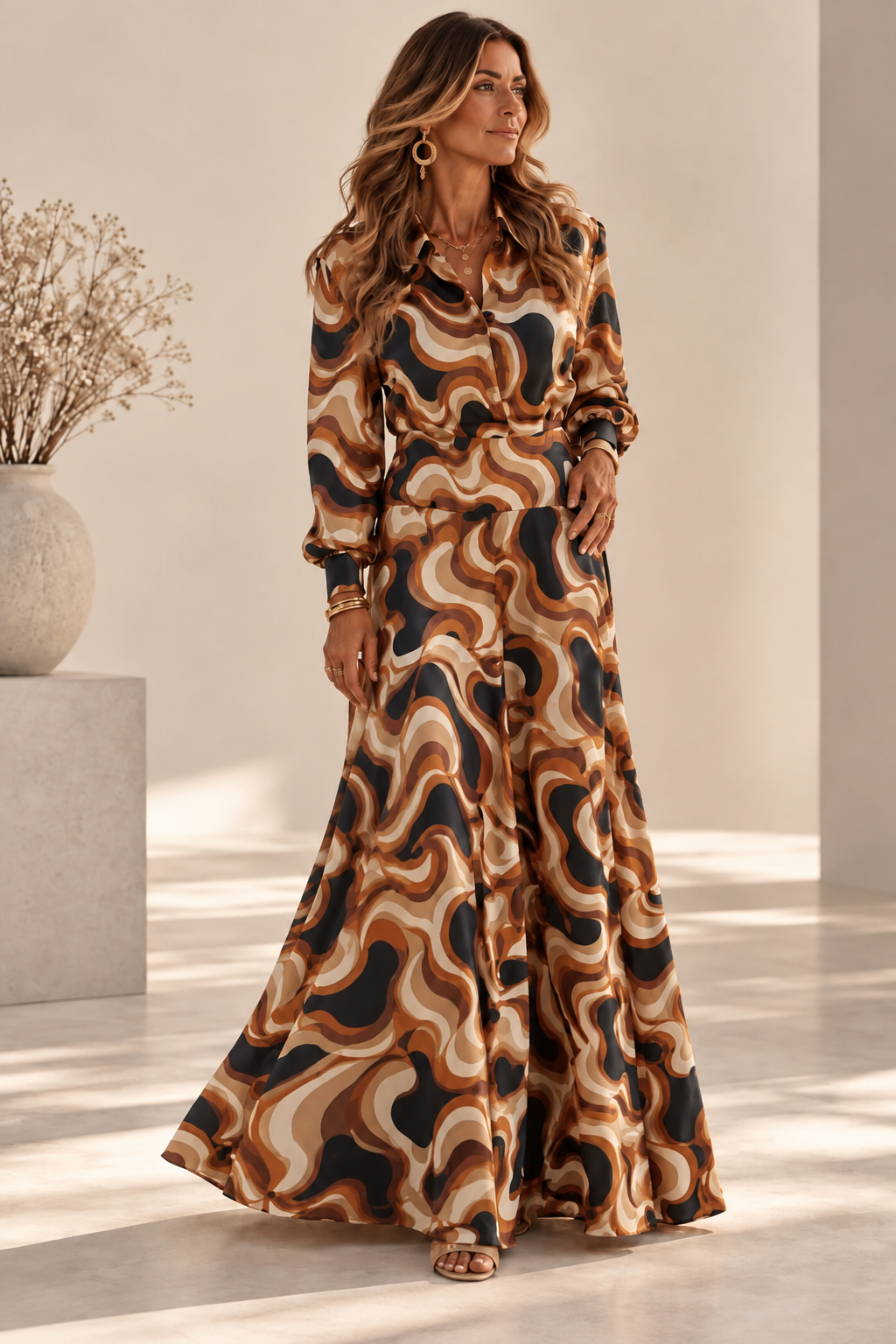 Robe Dolce Vita longue à imprimé abstrait caramel noir et écru, col chemisier et jupe évasée, vue de face