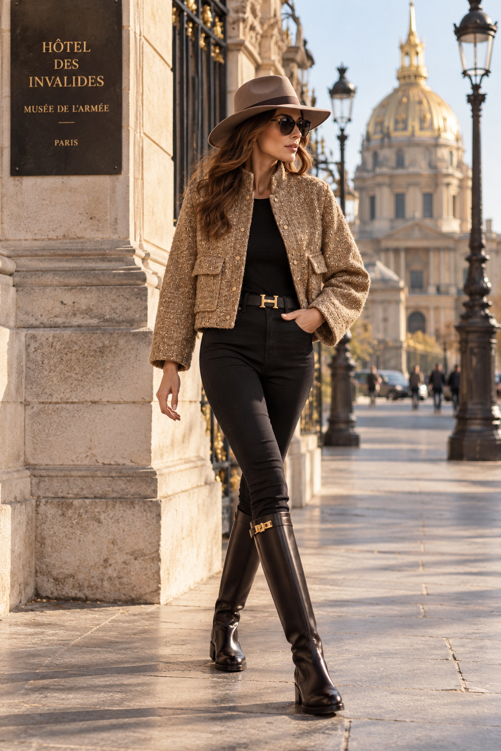 Veste Place Vendôme courte dorée texturée, col montant et poches plaquées, portée avec un pantalon noir