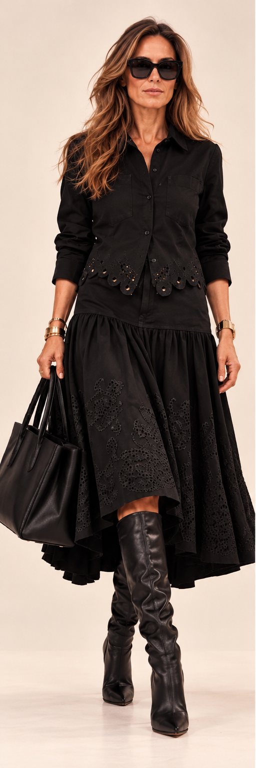 Ensemble Pearl Boheme noir, chemise boutonnée à bord festonné ajouré et jupe ample ornée de motifs découpés