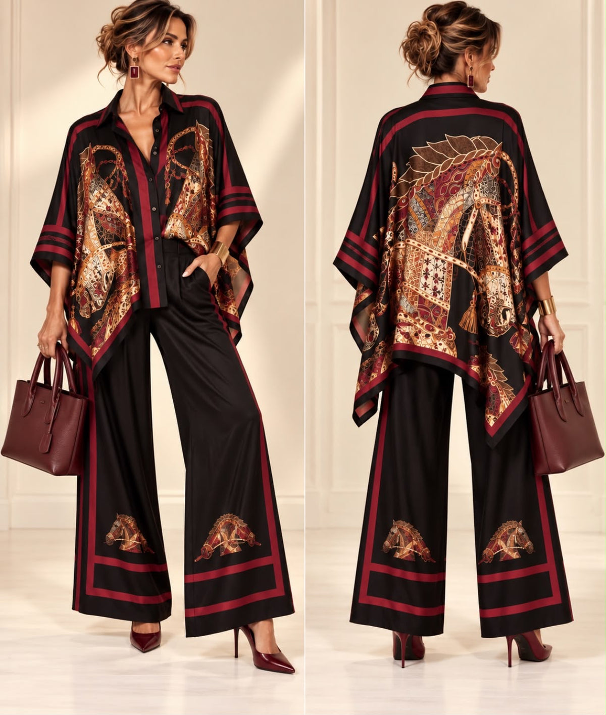 Ensemble Ascot Royal noir et bordeaux à motifs équestres, chemise ample et pantalon large, vues de face et de dos
