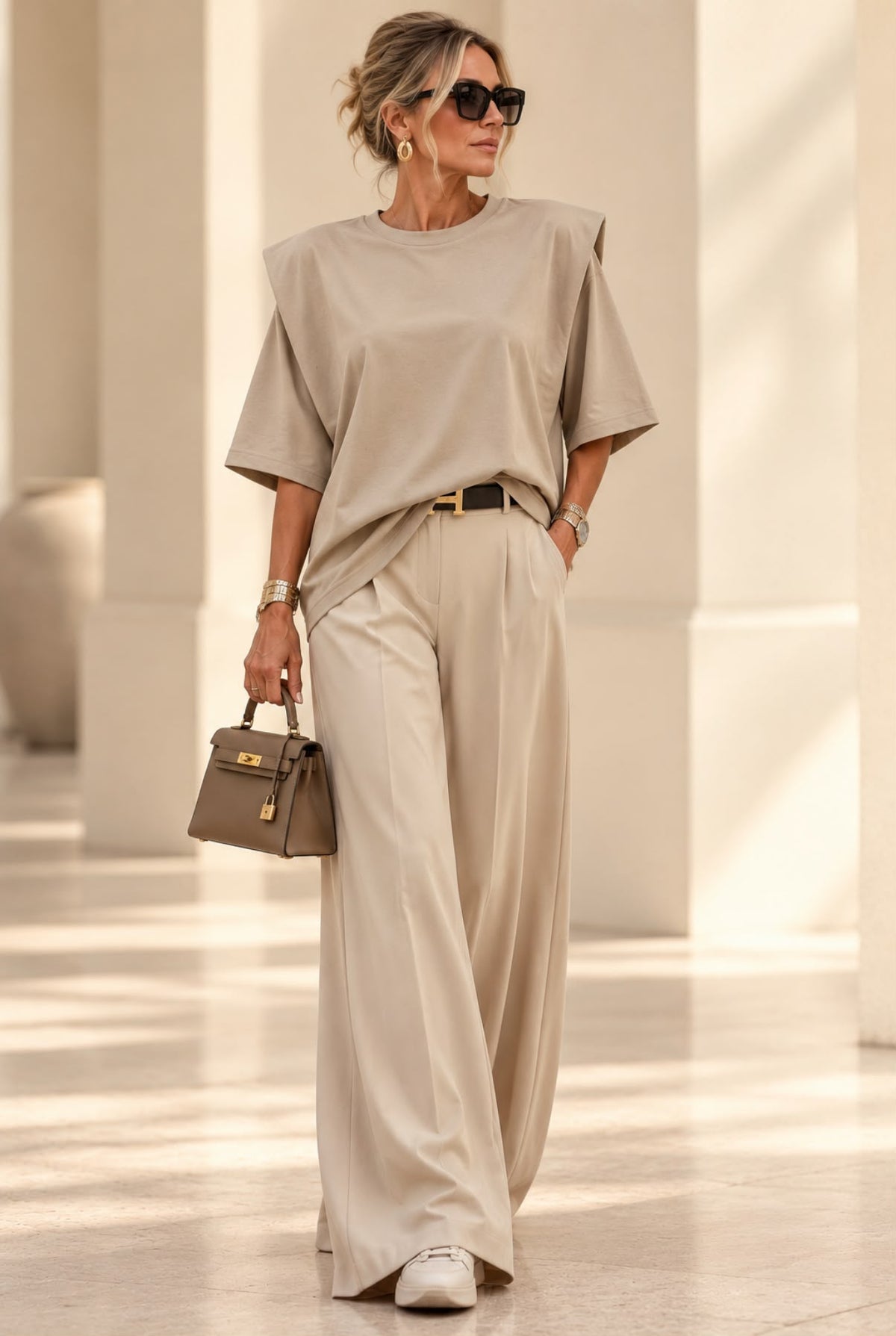 Top Elysée beige à épaules marquées, porté avec un pantalon clair