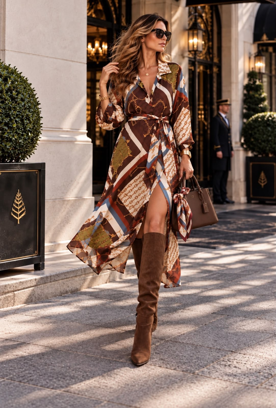 Robe Vendôme imprimée chocolat et bleu, ceinturée, vue en mouvement avec bottes