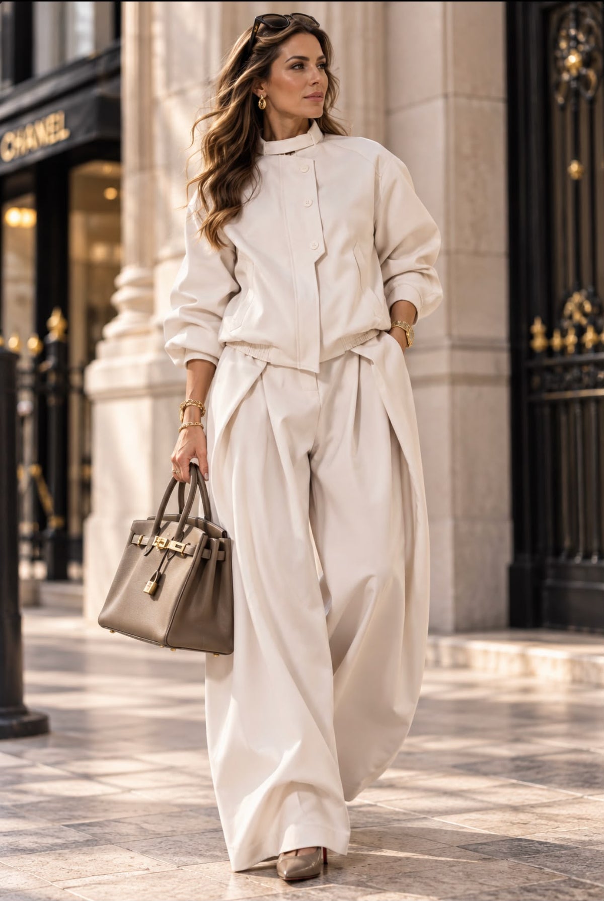Ensemble Prestige ivoire, veste courte boutonnée à col montant et pantalon large assorti
