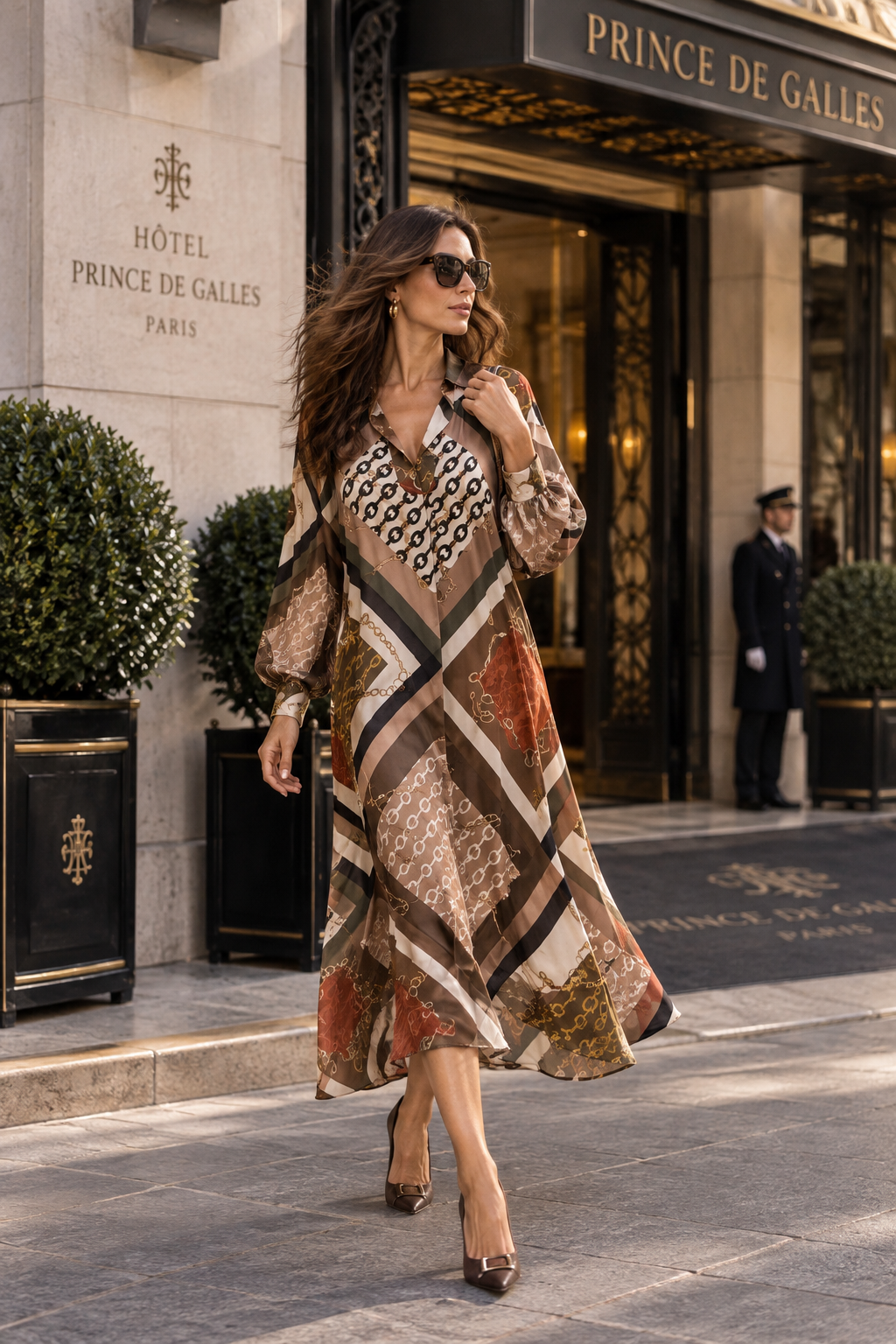Robe Vendôme chocolat imprimée à motifs chaînes et bandes, portée librement en mouvement