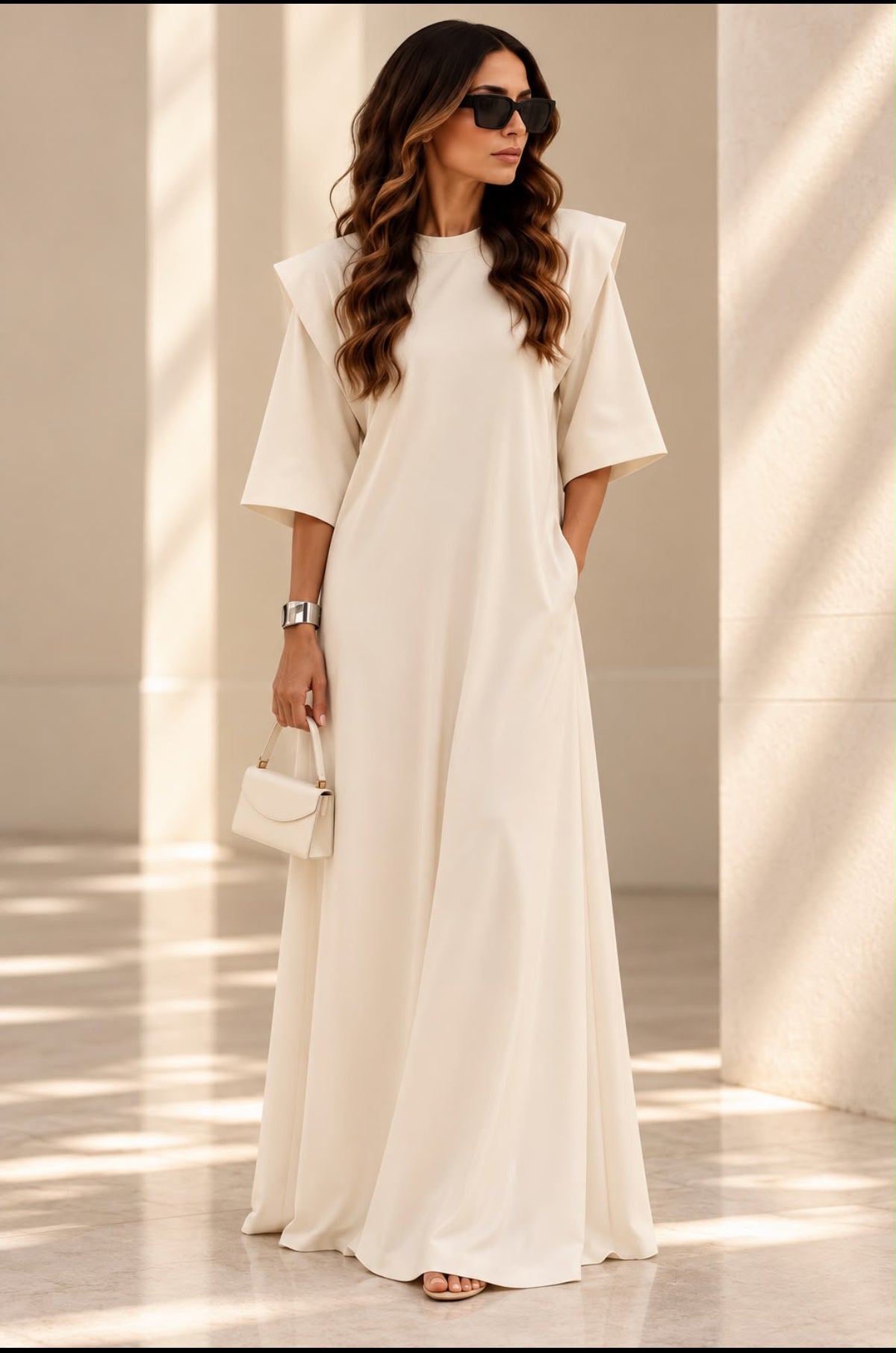 Robe Impériale blanche longue, manches larges, vue de face