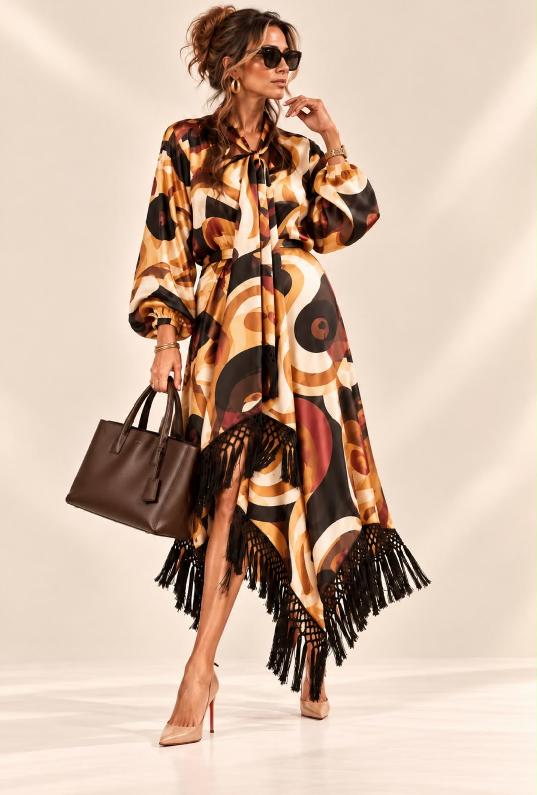 Ensemble Rivoli imprimé caramel noir et crème, haut à lavallière et bas asymétrique bordé de franges noires