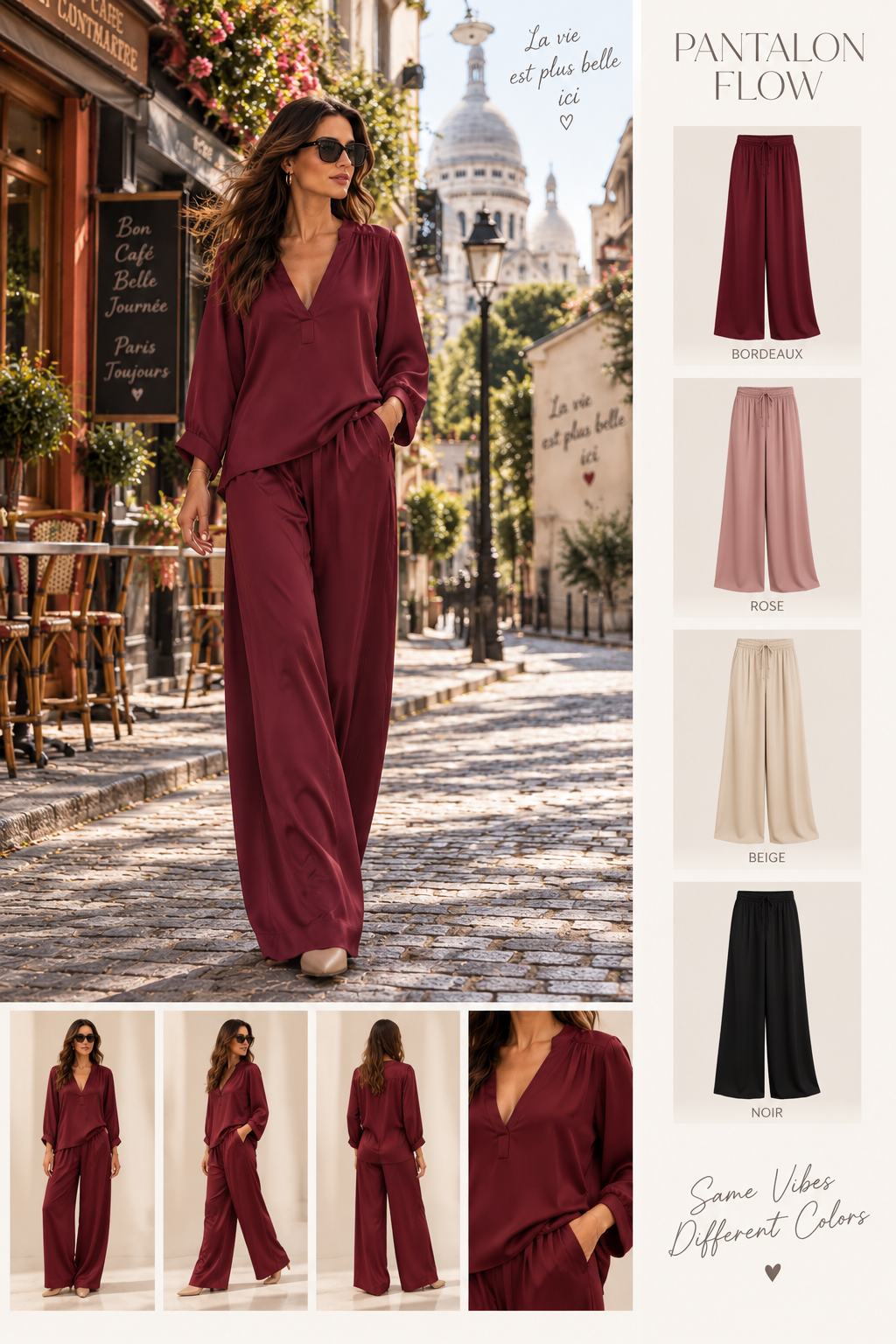 Planche du pantalon Flow bordeaux avec vues portées et déclinaisons de couleurs