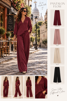 Planche du pantalon Flow bordeaux avec vues portées et déclinaisons de couleurs