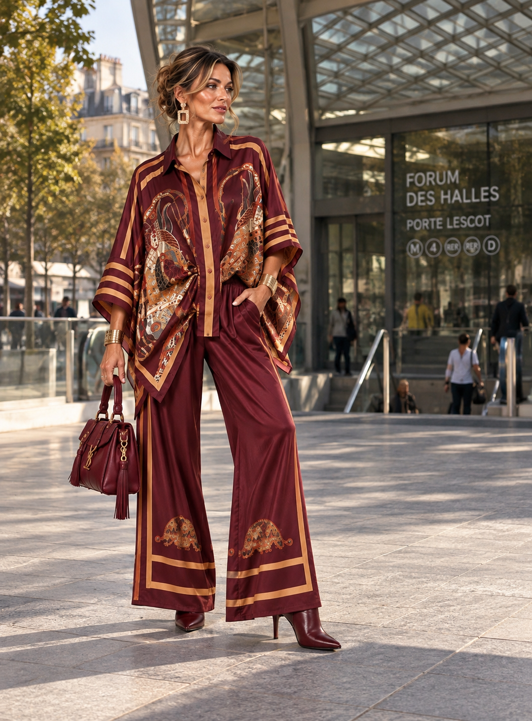 Ensemble Ascot Impérial bordeaux porté de face devant le Forum des Halles, chemise ample et pantalon large