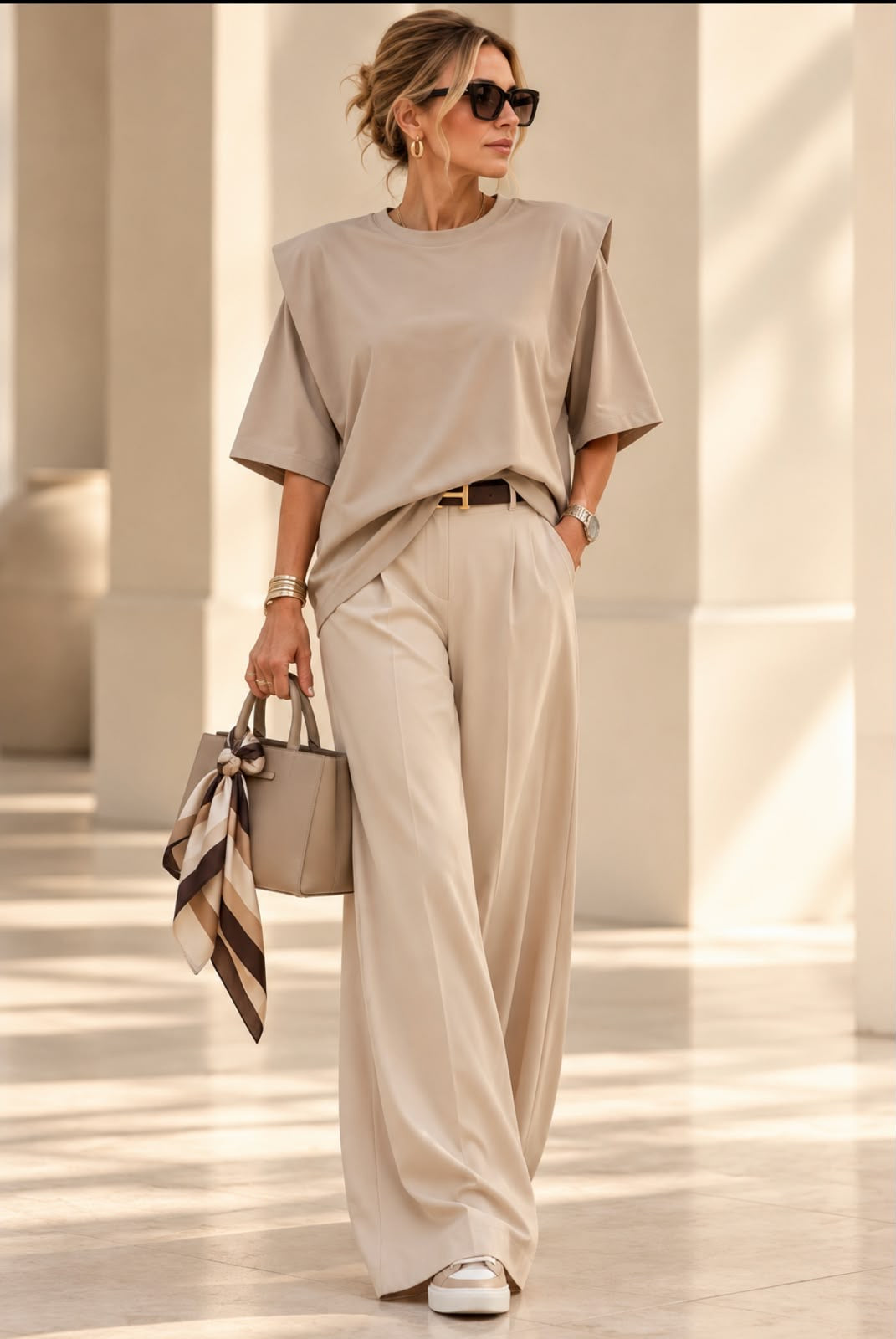 Haut beige à épaules structurées porté avec un pantalon large clair, photographie présente dans la galerie Robe Impériale