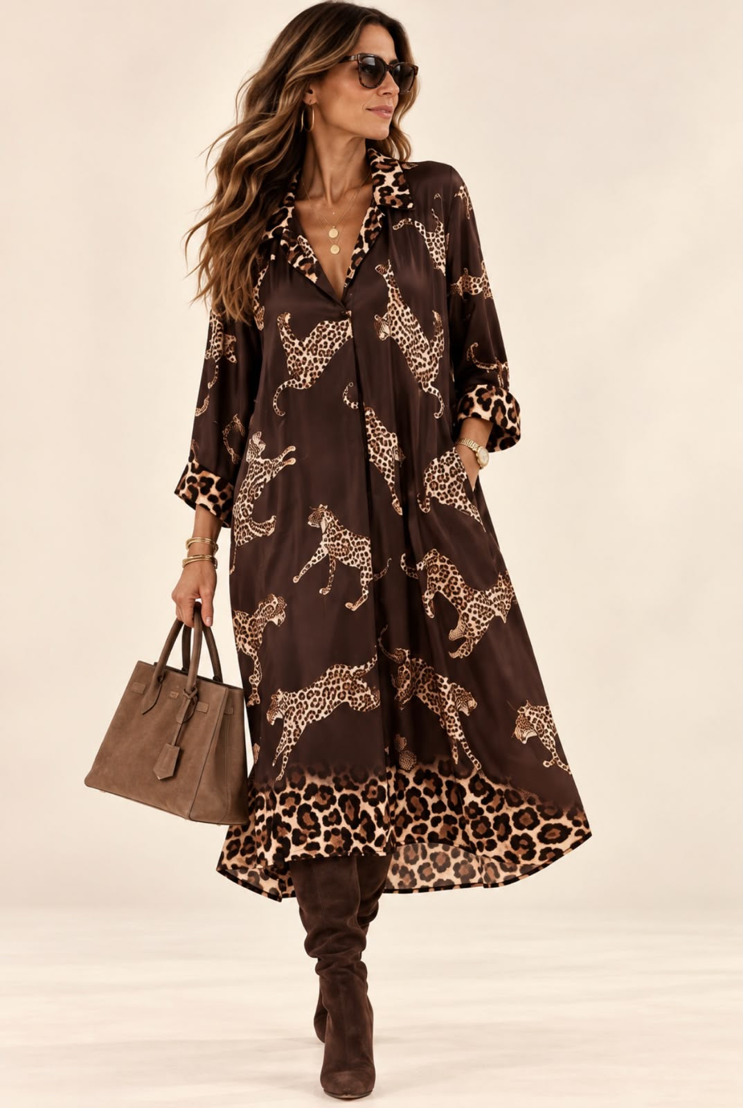 Robe Wild chocolat à motifs félins beige, col chemisier, manches longues et bordure léopard, vue de face