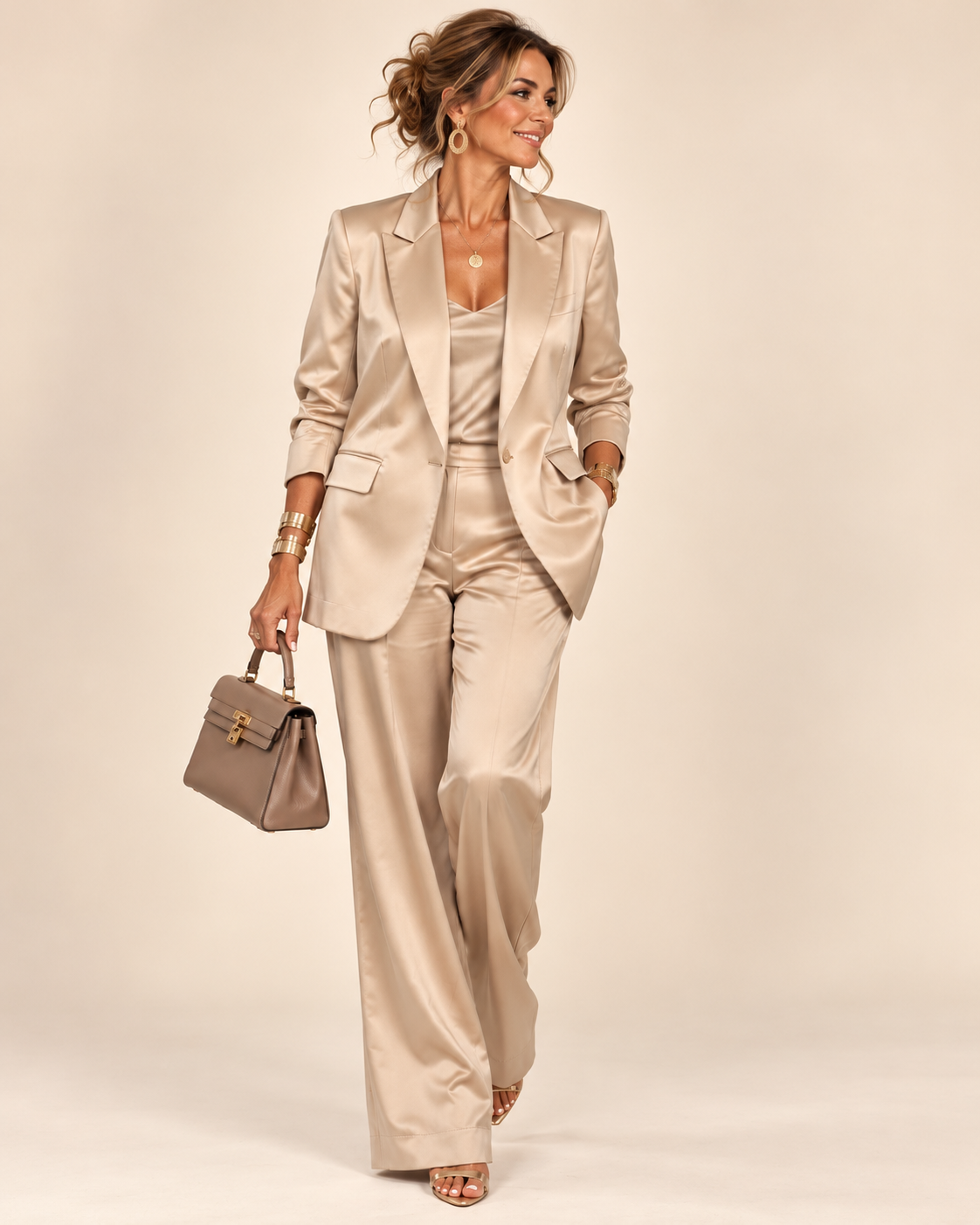 Tailleur Elysée beige d'aspect satiné, blazer à revers et pantalon long assorti
