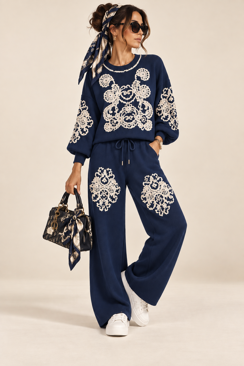 Ensemble Jogging Icon navy, vue de face avec motifs écrus sur sweat et pantalon