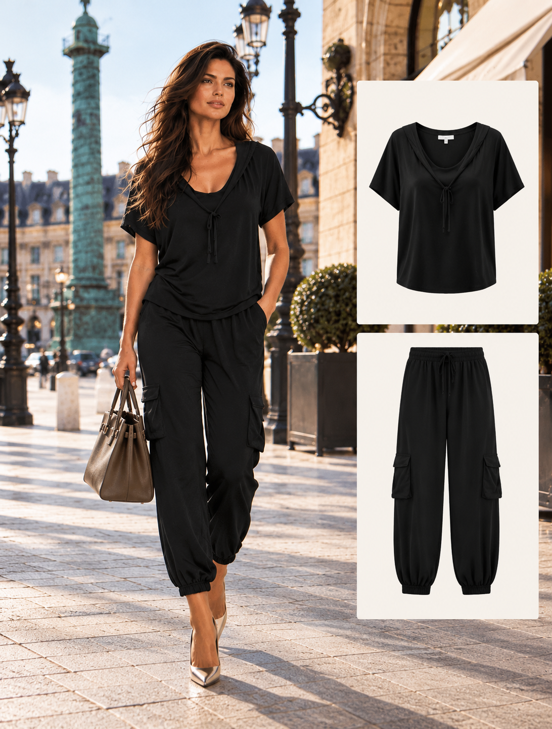 Pantalon Cargo noir à poches latérales et chevilles resserrées, porté avec un top noir à capuche