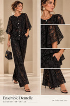 Planche de l'ensemble Midnight Lace noir à motif floral ajouré, vue de face et détails des manches et du pantalon