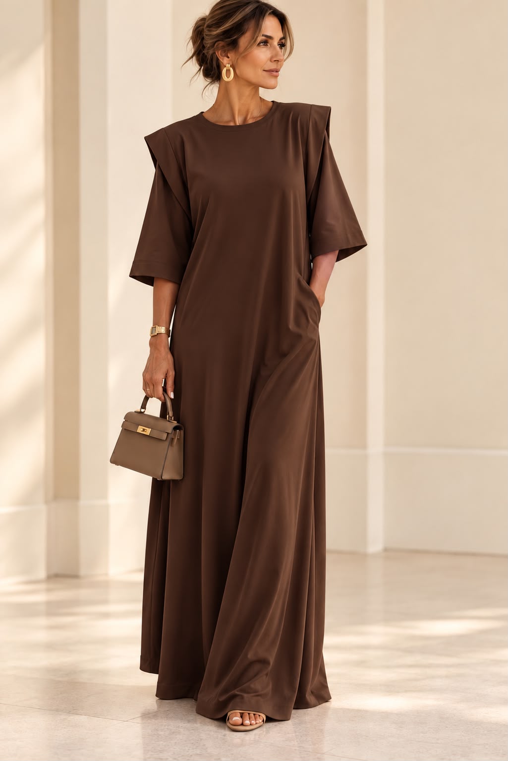 Robe Impériale chocolat longue, encolure ronde, épaules structurées et manches larges, vue de face