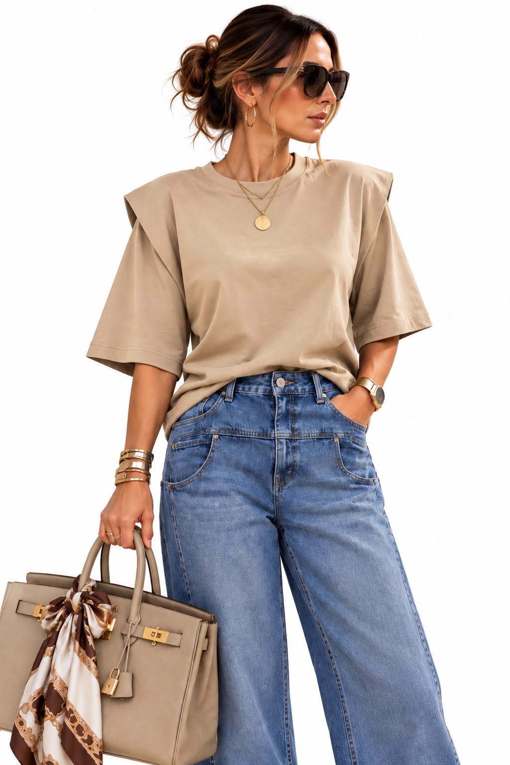Top Elysée beige à épaules structurées et col rond, porté avec un jean